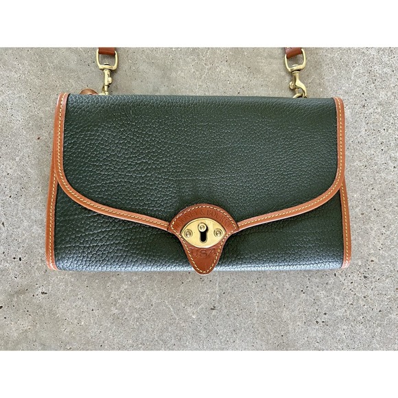 Vintage Dooney & Bourke AWL Pochette Cavalry Bag Ivy Dark Green British Tan - Picture 2 of 11